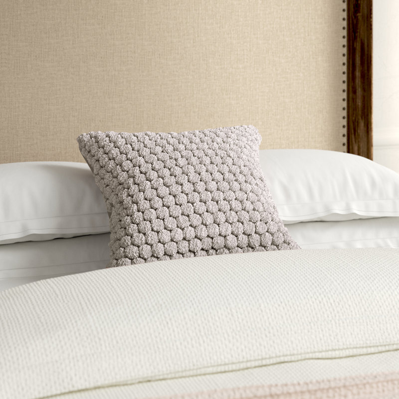 Gray Cotton Crochet Pom-Pom Square Throw Pillow