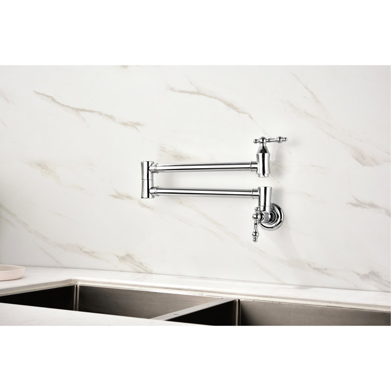 Wall Mount Pot Filler Faucet - - Brass, Arm For Convenient Filling, Double Handles Optimal Water Control, Splash- Aerator Feature Easy Access To Cooking Pots, Smooth Finish