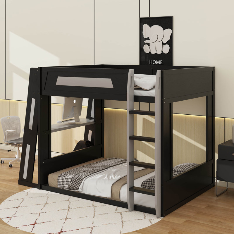 Grand lit superposé en bois avec bureau, tablettes, lumière USB et DEL, Noir/gris, Grand sur grand