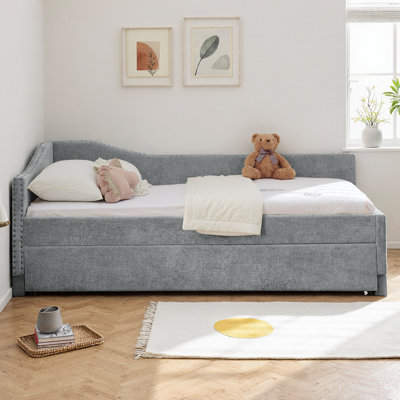 Twin Size Chenille Daybed with Pull-Out Trundle & USB Port, Vintage Nailhead Trim Upholstered Sofa Bed, Curved Round Edge Padded Backrest, Luxury Bedroom Furniture, Space Saving Guest Bed
