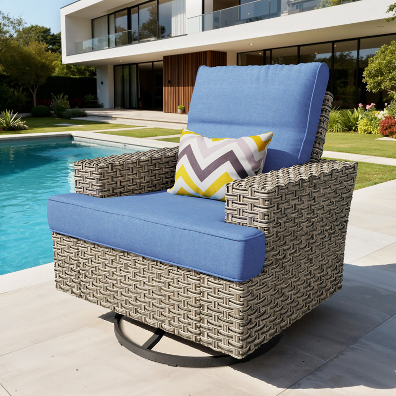 Carolle Outdoor Wicker Swivel Rocking Chair With Cushions, Wide-Arm Patio Lounge Chair For Porch & Backyard, Blue