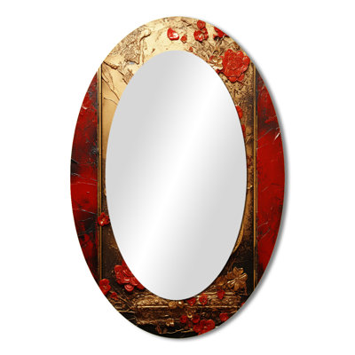 God And Red Floral Japanese Tiles III - Gold Oval Wall Mirror Decor