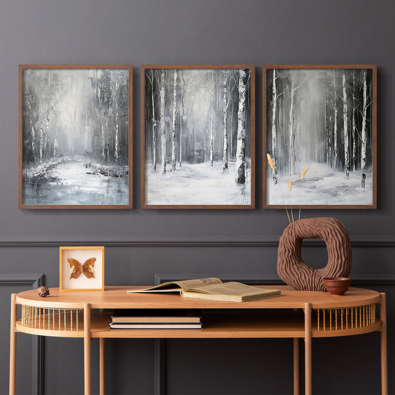 Lanscape Study Series III -Set of 3 Fric Giclee Prints -Prêt à accrocher, Cadre noyer, H 28 po x l 22 po