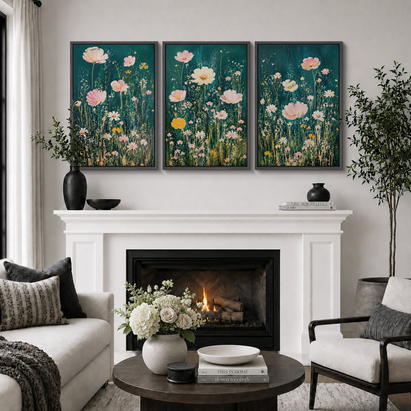 «Teal Wildflower Meadow», art de chambre à coucher, reproduction d'art sur toile encadrée, 24" H x 48" W x 1.5" D