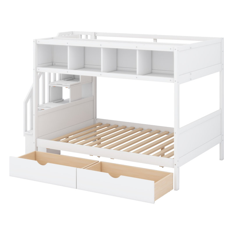 Lit superposé avec tablettes, escalier de rangement et 2 tiroirs, blanc