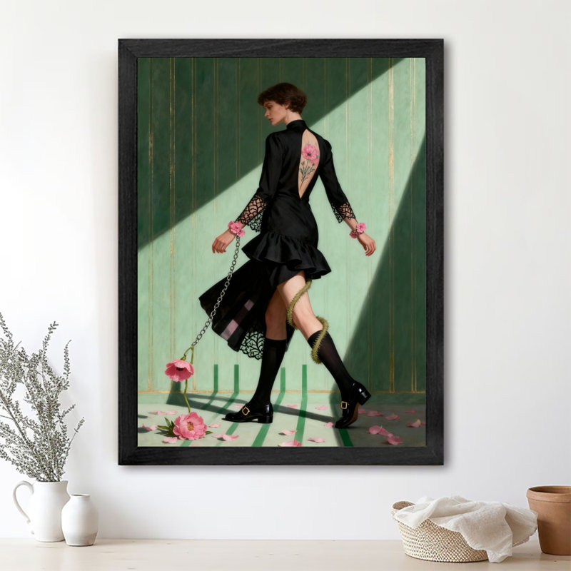 Art floral rétro encadré noir, femme élégante en robe noire, H 37 po x l 25 po