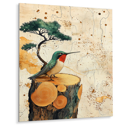 Abstract Hummingbird Wooden Grace I - Modern Metal Art Print, Hummingbird Metal Wall Art