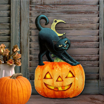 Cintre pour porte en bois pour chat halloween effrayant éclairé citrouille