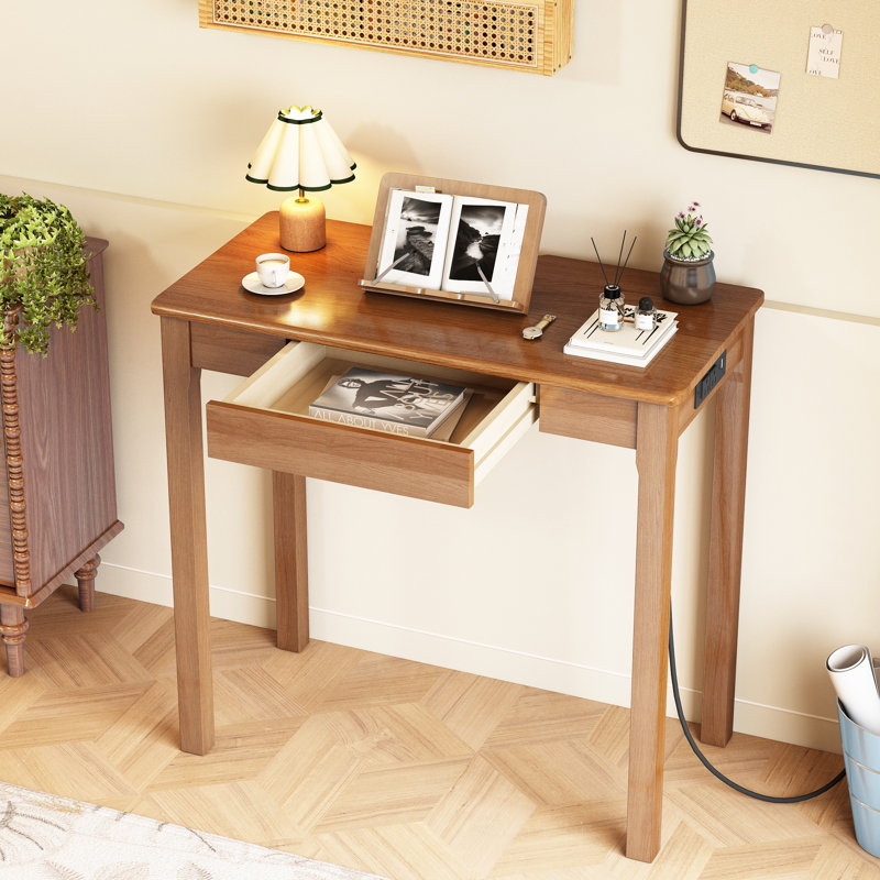 Solid Wooden Desk with Drawers - 32 x 16 Inch Narrow Desks with Power Outlets and USB-C Port, Rubberwood Mid Century Modern Desks, Small Writing Desk for Bedroom|Small Spaces - Walnut Color