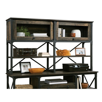 Bois d'ingénierie brun de conception industrielle, 3 tablettes horizontales réglables, portes en verre trempé encadrées pour le bureau, étagère à finition ouverte avec finition de bureau avec look, bois, tablettes réglables,