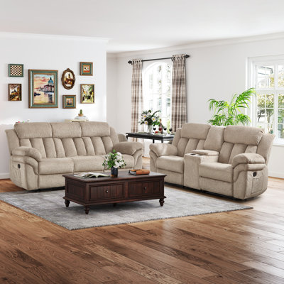 2-Piece Pineapple-Textured Chenille Reclining Living Room Set – 78.4" Wide Manual Reclining Loveseat With Storage Console & 87.4" Wide Manual Reclining Sofa With Fixed Middle Seat