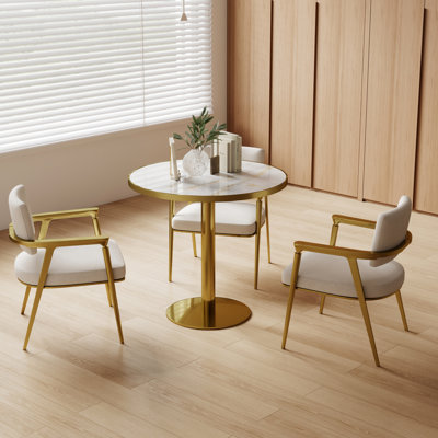 Luxury Glossy 31.5 Inches Table With Snow Mountain Stone Slab, Scratch - Aluminum Edges, Rust Gold Steel Legs, 61.42 Lb Round Modern Dinning Bistro Tulip Faux Marble Top, Easy Assemble, Metal Frame,