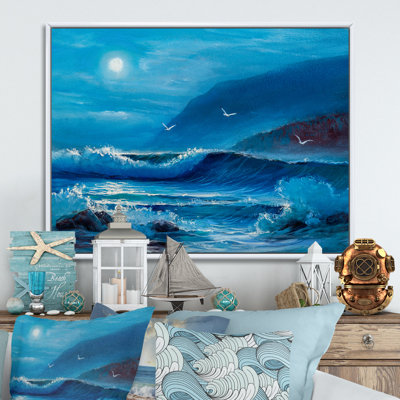 «Beautiful Blue Ocean Moom And Waves», reproduction sur toile flottante