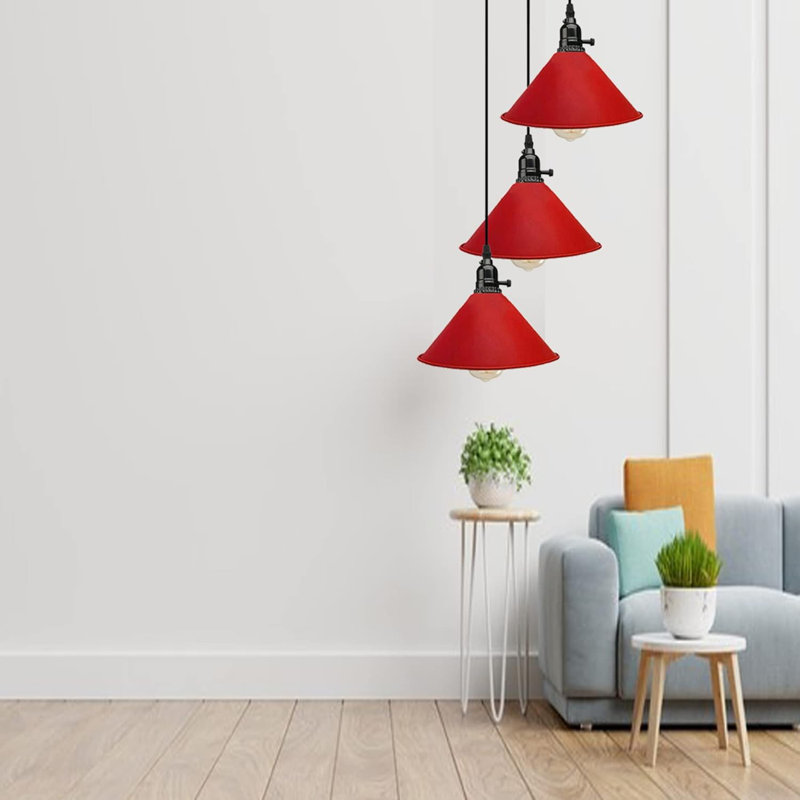 3-Light Cone Pendant Light – Industrial Kitchen Island Ceiling Fixture with Adjustable Height & E27 Bulbs, No, Red
