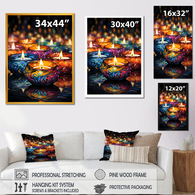 Art indien, lumières de Diwali 1 - Art mural indien, Cadre flottant doré, 20" H x 12" W