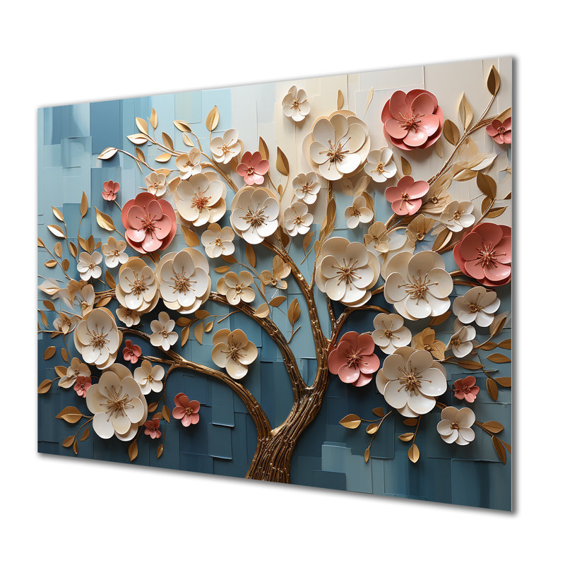 Arbre dynamique pétales blancs et roses III - Art mural floral abstrait en métal, H 30 po x l 40 po x P 1,5 po