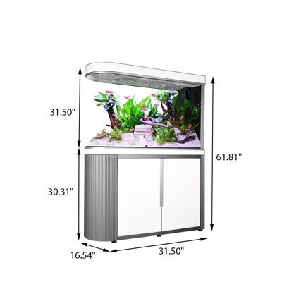 Grand écran de séparation en verre avec base blanche et aquarium filtrant l'eau