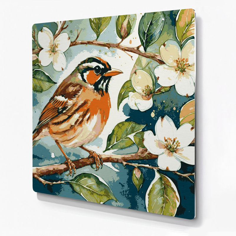 Birds Carolina Wren, art mural en métal beige, H 32 po x l 32 po