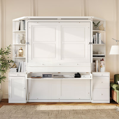 Grand lit escamotable avec bureau, tablettes de rangement et armoires