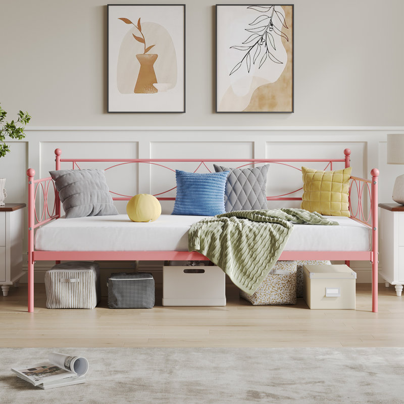 Metal Twin Day Bed, Premium Steel Slat Support, Pink