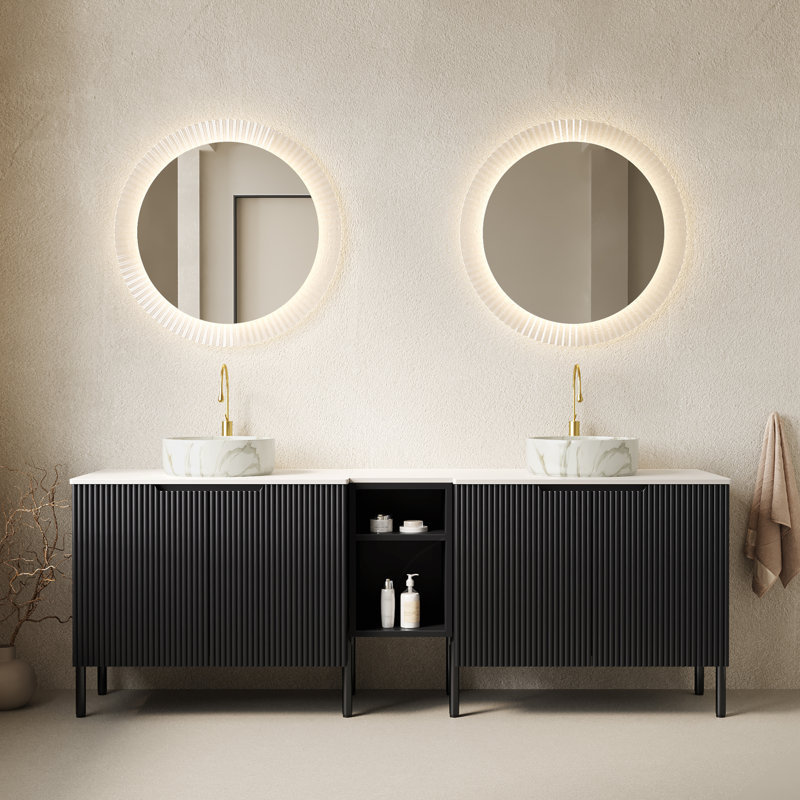Ensemble de meuble-lavabo double autoportant 72 po avec lavabo TURIO, 2 armoires de rangement rayées 30 po + 2 tablettes ouvertes amovibles 12 po, 2 vasques rondes blanches en pierre avec comptoir Carrara