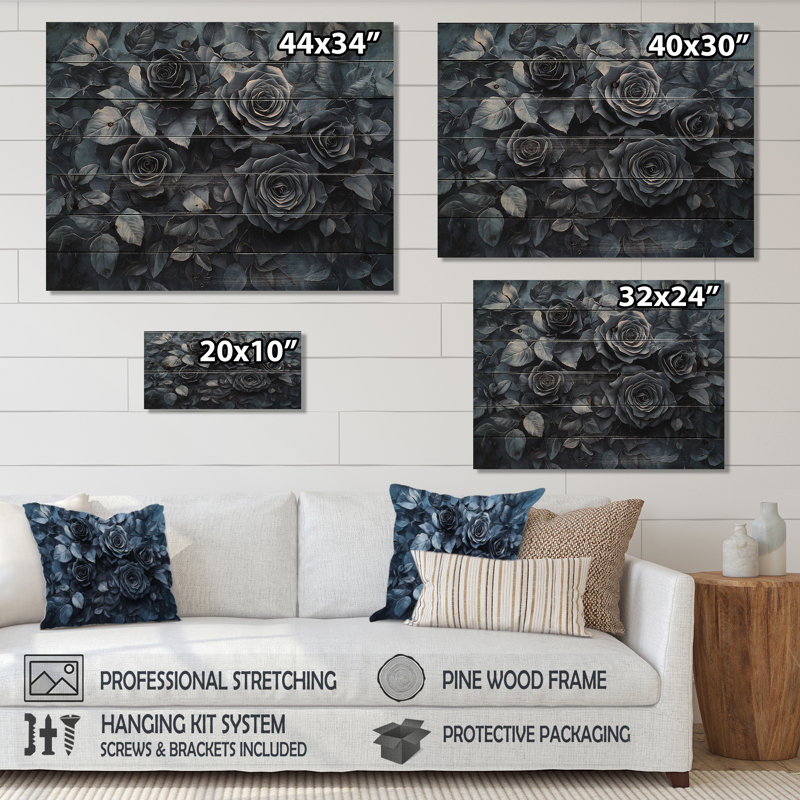 Midnight Roses Elegance II - Assortiment de bouquets de bois sur bois de pin naturel, H 30 po x l 40 po x P 0,78 po