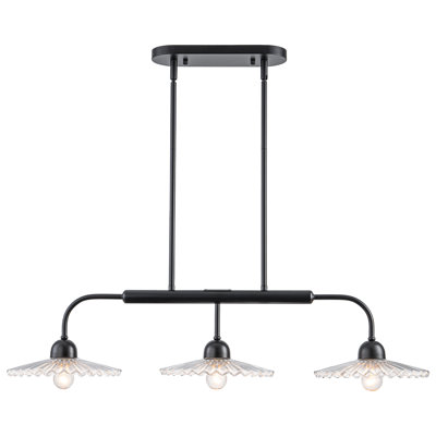 35" 3-Light Matte Black Kitchen Island Pendant Light with Pleated Glass Shades, Adjustable Height 16.5" to 75.6", Modern Linear Hanging Fixture for Dining Room