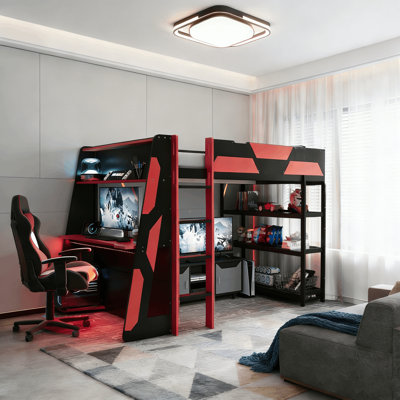 Modern Full Loft Bed With Lighted Computer Desk And Storage Bookcase