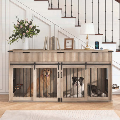 71-Inch Double Dog Crate with 3 Fluted Drawers, Waterproof Walnut Tabletop, and Rotating Feeders for Heavy Duty Dogs