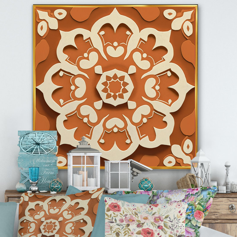 Carreaux marocains en tons de terre I - reproduction sur toile, H 36 po x l 36 po x P 1,5 po, Toile avec cadre flottant or