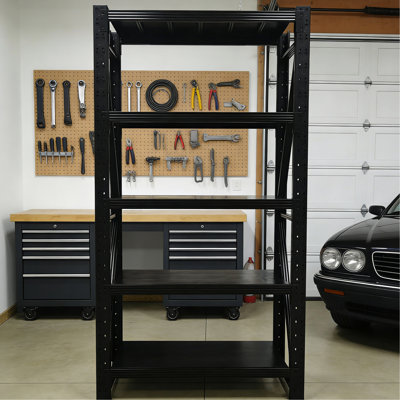 Étagère de garage légère à cinq niveaux réglable en métal noir, 46,5 po de largeur, 19,6 po de profondeur, 76,8 po de hauteur, 1800 lb au total, convient aux tablettes de rangement de garde-manger