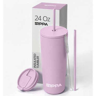 Gobelet isotherme en acier inoxydable 24 oz avec paille et deux couvercles SIPPA - bouteille d'eau de voyage étanche, lavande - verre réutilisable pour café, thé et hydratation pour la salle de sport, le bureau et l'extérieur
