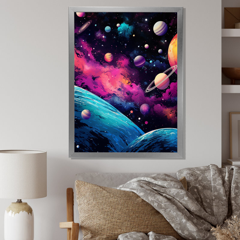 Galaxies de l'amour rose sur toile, Cadre simple argenté, H 44 po x l 34 po x P 1,5 po