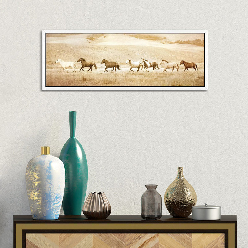 Headed For Water by Rhonda Thompson - Floater Frame Panoramic Print on Canvas, 30.48 cm H x 91.44 cm W, White Framed
