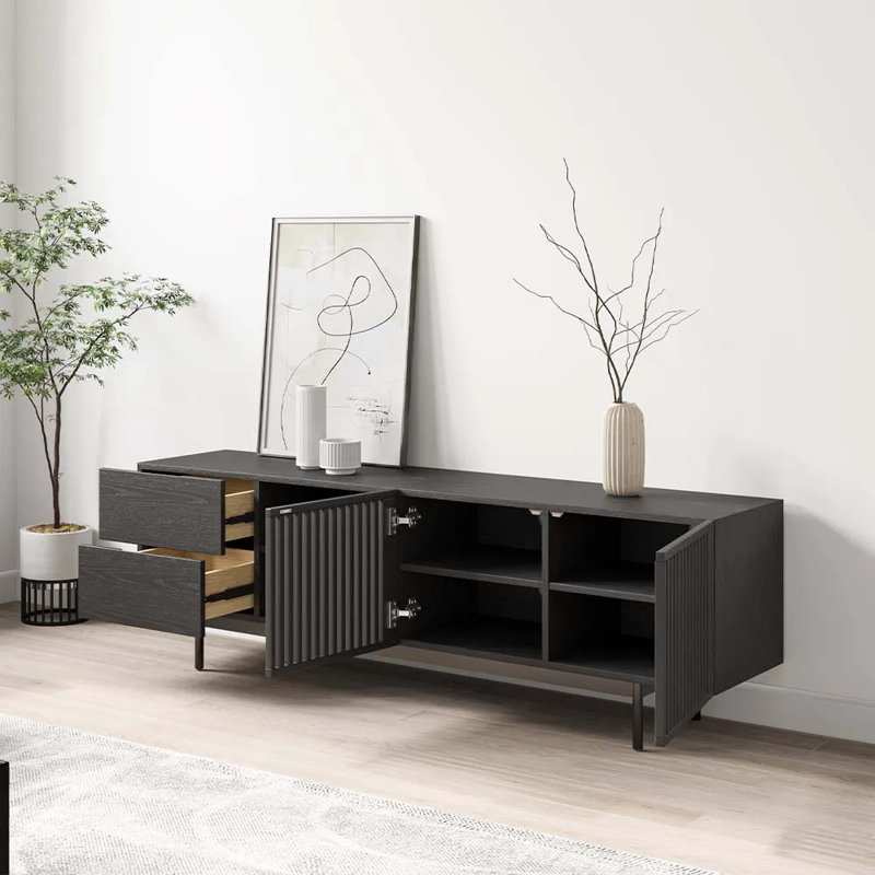 Meuble télé Mid-Century moderne pré-assemblé, Noir, H 21,65 po x L 70,87 po x l 15,75 po