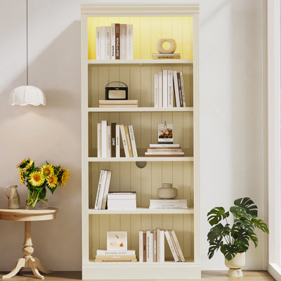 Suite de bibliothèque de 83 pouces de hauteur avec bande lumineuse, ensemble de bibliothèque décorative à 5 niveaux avec tablettes réglables, organisateur de rangement, étagère de rangement autoportante pour salon, bureau personnel, beige et jaune