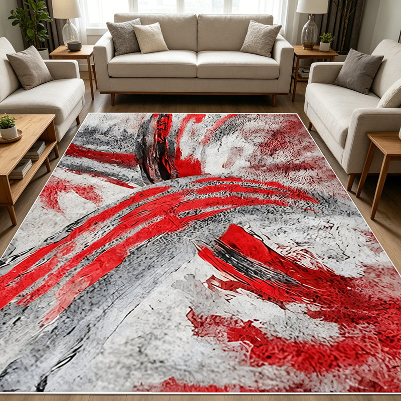 1PC Modern Abstract Red Grey Black Brushstroke Marbled area rugs for Living Room, Soft and Comfortable, Suitable for all seasons, easy-to-maintain, machine washable Indoor floor mat, Under Table Farmhouse suitable for dining room, bedroom, kitchen,