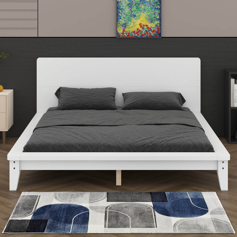Cadre de lit plateforme avec tête de lit, cadre de lit en bois, Blanc, Grand lit