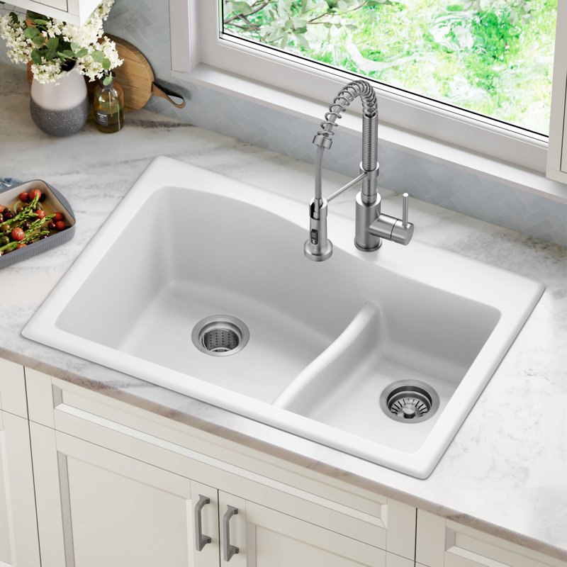 KRAUS Quarza™ 33" L Dual Mount 60/40 Double Bowl Granite Kitchen Sink, White