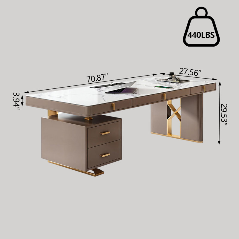 Beige Rectangular Sintered Stone Desk,5-Solid Wood drawer