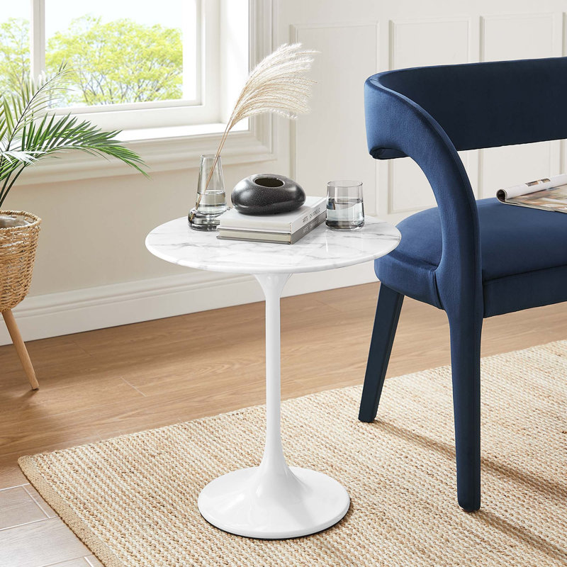 Table d'appoint ronde en marbre artificiel 20 po Lippa, Blanc, White