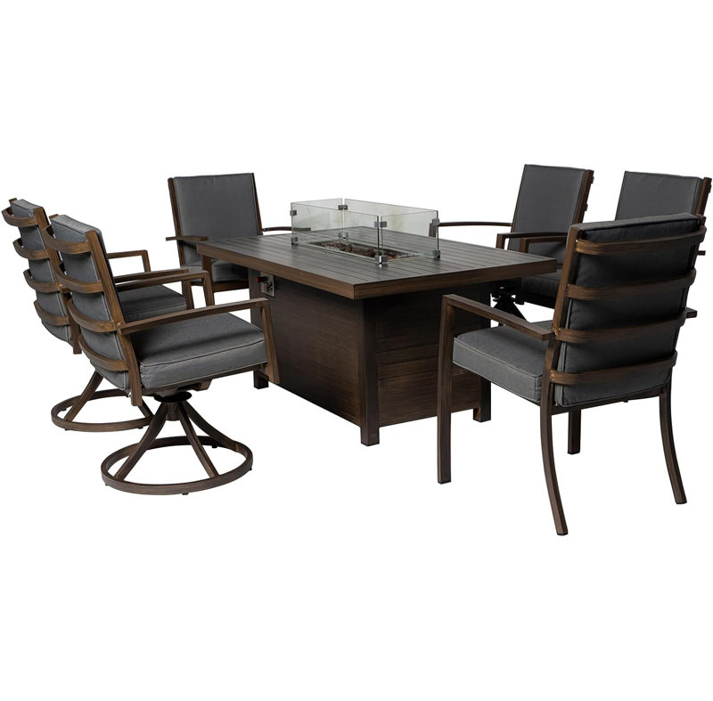 Ensemble repas 7 pièces pour patio avec foyer et 2 fauteuils + 4 pivotants