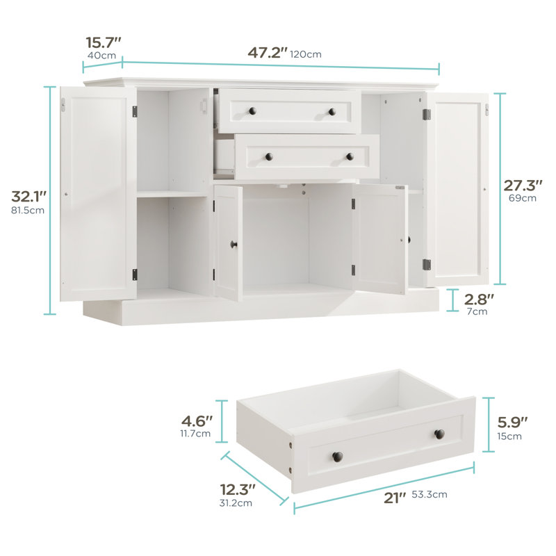 47" Buffet Cabinet With Storage,Large Sideboard Buffet With Drawers And Adjustable Shelves, Rustic Coffee Bar Cabinet For Kitchen, White