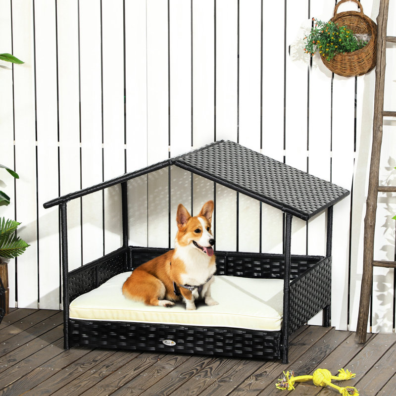 Niche pour chien avec auvent, lit d'extérieur - blanc pour les petites et moyennes races, auvent crémeux rembourré avec de l'eau de taille moyenne, tapis, structure de conception à fond surélevé