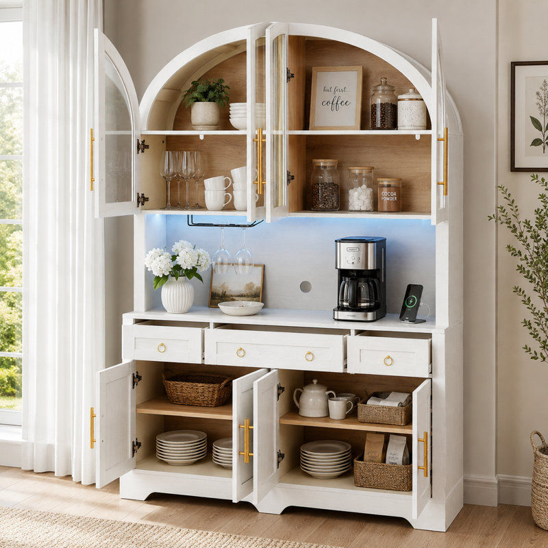 Armoire garde-manger arquée avec portes en verre Olmsted, Blanc