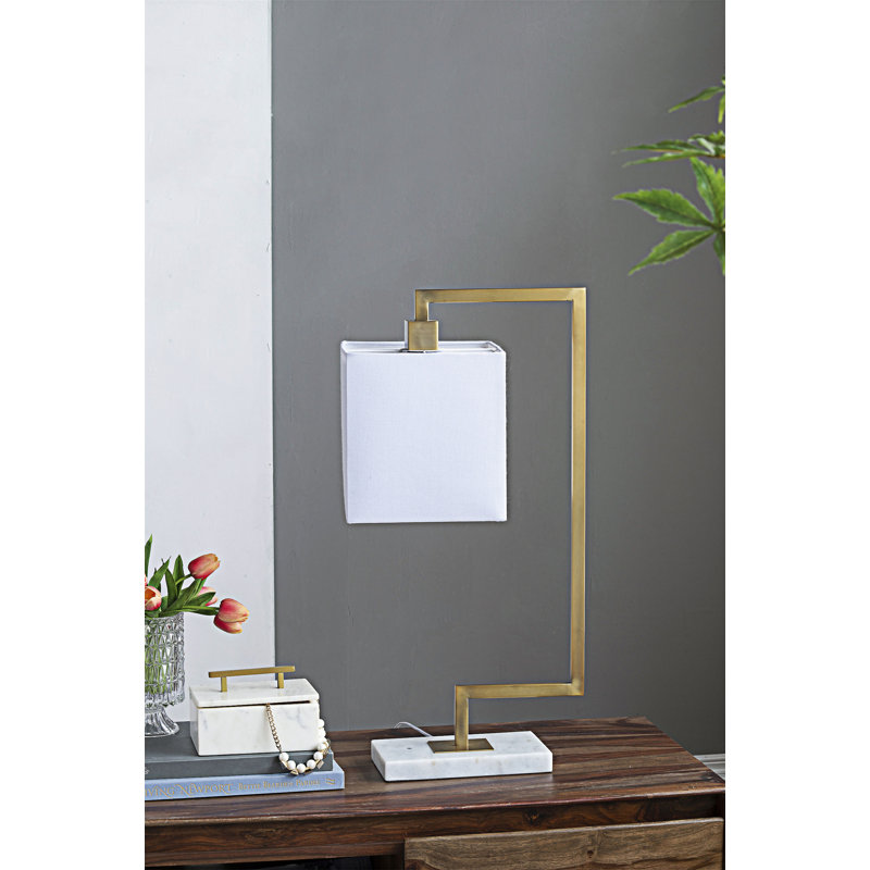 Modern Metal Table Lamp With Dual-Bend Arm, Marble Base, And Square Fabric Shade
