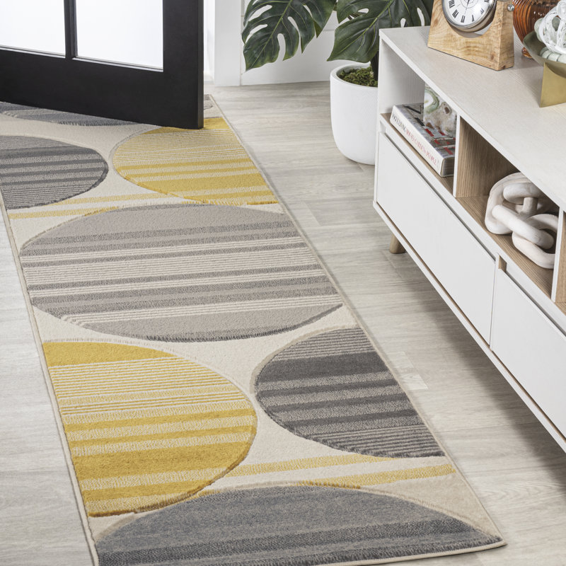 Ascher Machine Woven Polypropylene Area Rug in Grey/Yellow/Cream, Runner 2'2" x 7'10"
