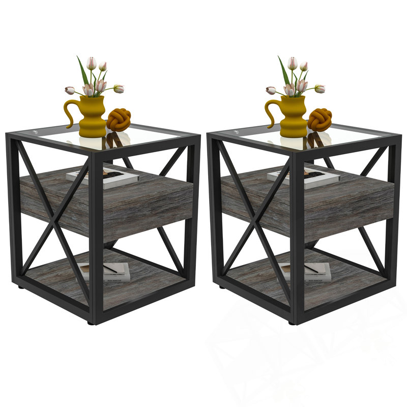 Set Of 2 Modern End Tables With Drawer, Gray, 2