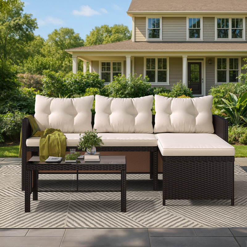 3 Piece Outdoor Patio Furniture Set, All-Weather PE Rattan Sofa Set With Glass Table & Cushions, Perfect For Garden, Poolside, Yard