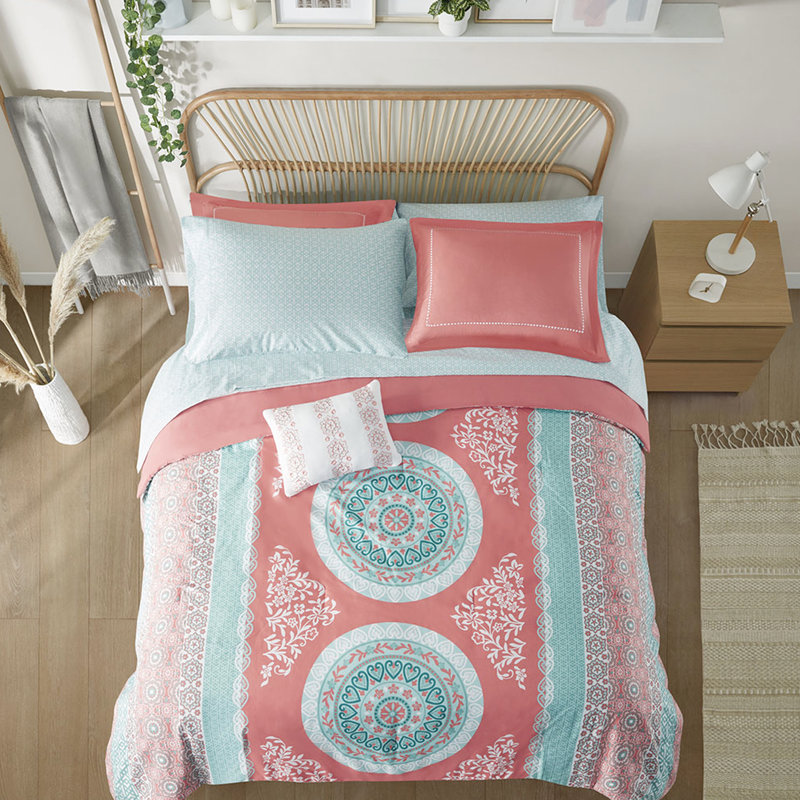 Édredon pour lit simple TG et drap - Motif de médaillon corail, tissu en microfibre, avec microfibre douce et feuilles, Coral